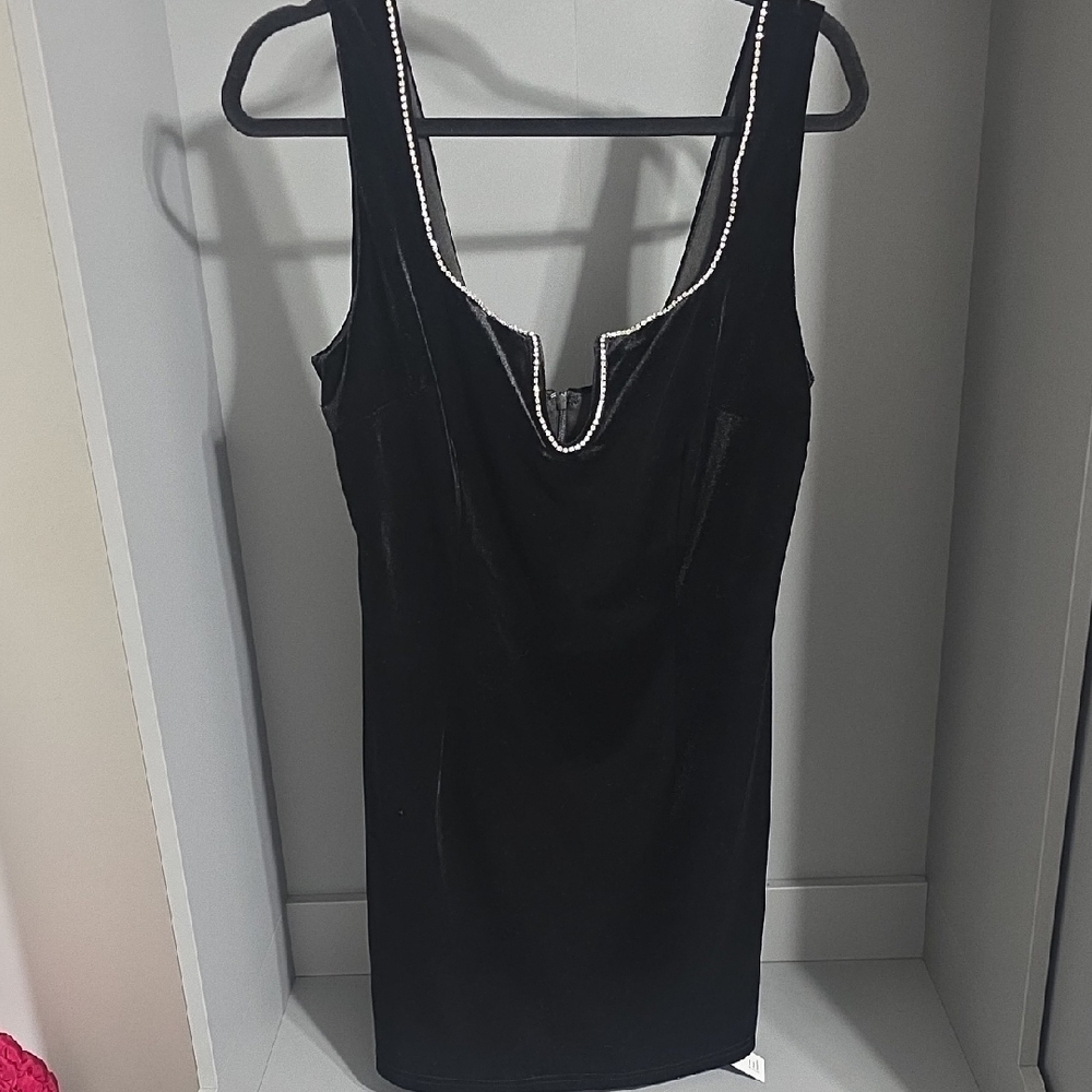 Cupshe Black Velvet Tank Dress with Rhinestone Trim